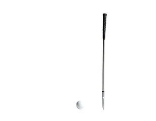 A golf putter stands upright next to a white ball on a black background
