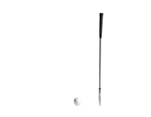 A golf putter stands upright next to a white ball on a black background