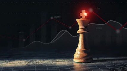 Wooden Chess King on Financial Graph Floor Showing Strategy and Leadership in Finance - Powered by Adobe