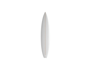Isolated, sleek white surfboard, centered on black backdrop, with slight light reflect