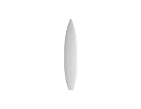 Isolated, sleek white surfboard, centered on black backdrop, with slight light reflect
