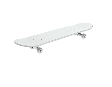 An isolated, digitally rendered white skateboard against a stark black background