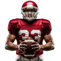 American football player in red jersey holding ball ready to play intense game action shot