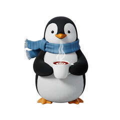 Fototapeta premium Adorable cartoon penguin wearing a blue scarf holding a steaming cup of hot chocolate isolated on transparent background