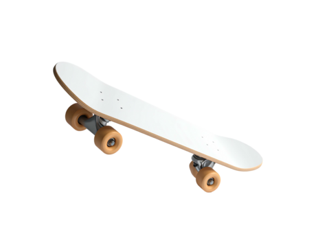 A white skateboard on a dark background. Features orange wheels and silver trucks