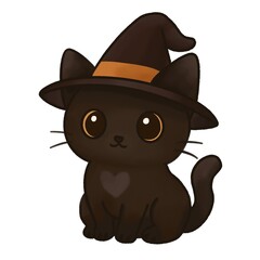 Cute Black Cat with Witch Hat Halloween Character Digital Art on White Background