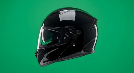 Fototapeta premium Glossy black motorcycle helmet with clear visor on a solid green background, studio shot
