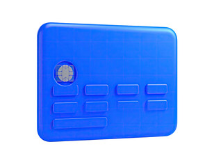 3D rendering of a blue credit card with embedded chip and raised rectangles