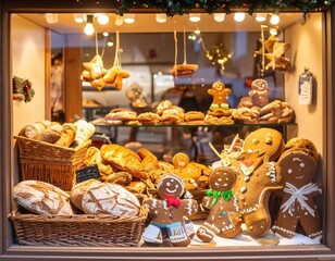 A bakery with a window display for christmas