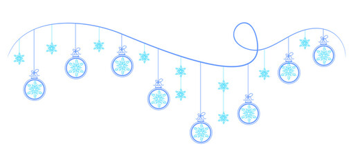A minimalist blue line art Christmas decoration illustration featuring snowflake ornaments and baubles hanging from a curved string