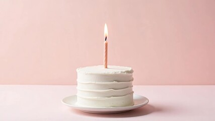 Celebrate sweet moments with a single-layer cake and a softly flickering candle on a pastel backdrop, perfect for birthdays or special occasions - Powered by Adobe