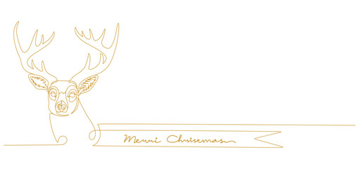 A minimalist one-line drawing of a reindeer head with large antlers, combined with a banner text that says "Merry Christmas". The artwork is created in a continuous golden line style, giving it a mode