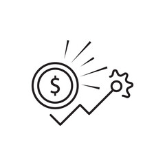 Line icon featuring a dollar coin with rays, a rising line, and a gear, symbolizing financial growth, business innovation, or profit increase. Perfect for apps, websites, and infographics.
