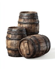 Obraz premium Three aged wooden barrels, varying sizes, rest on a white background; showing weathered texture and metal bands