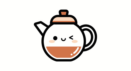 Cute Outline Kawaii Style Teapot with Face Character Illustration