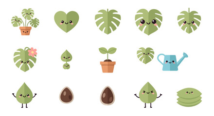 Cute Flat Style Cartoon Houseplant and Seed Illustration Icon Set