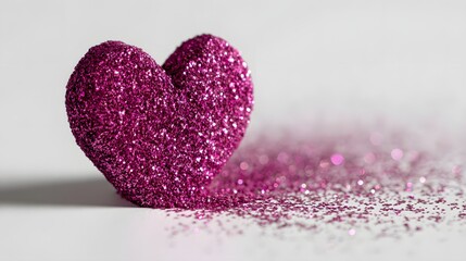 Fototapeta premium A glittering, heart-shaped object is placed on a light, bright background, showcasing a delicate, sparkly texture; the vibrant magenta color creates an eye-catching visual.
