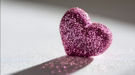 Obraz premium A sparkling, glitter-covered heart rests on a reflective, textured surface, casting a detailed shadow, with the soft light illuminating the romantic symbol, highlighting the radiant, glossy finish 