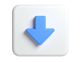 3D rendered, blue downwards arrow on a white rounded square, against black