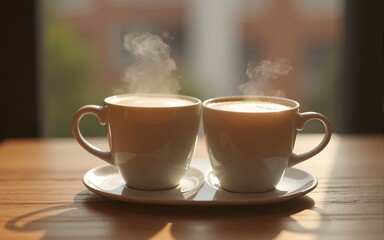 Mock-up two coffee cups clink in a toast. High quality