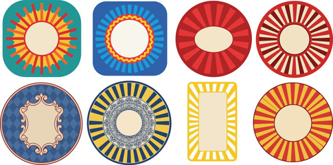 Collection of colorful vintage circular and rectangular graphic design elements for various purposes vektor set