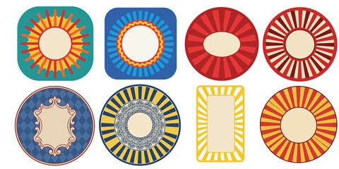 Collection of decorative circular and rectangular frames with sunburst and floral patterns, ideal for graphic design and branding projects vektor set