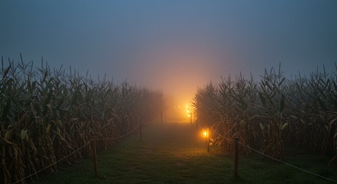 Mystical Corn Maze: A captivating corn maze shrouded in an ethereal mist, where pathways of green plants lead towards a distant, inviting beacon of light in this enigmatic evening scene.