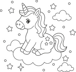 Cute Unicorn Sitting on Cloud with Stars. Black and White Line Art for Kids Coloring Book Pages