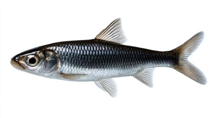 Fototapeta premium Elegant Black Fish Swimming Gracefully Against a Bright White Background Highlighting Its Distinctive Form and Natural Beauty in a Minimalist Style