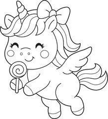 Cute Flying Unicorn with Wings Holding a Lollipop. Fun Black and White Cartoon Coloring Page for Kids and Printable Fantasy Art