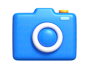 A stylized, cartoonish blue camera, with a white lens ring, and a yellow detail