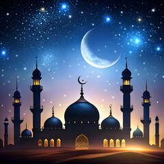 mosque silhouette with minarets against starry nig