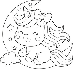 Cute Cartoon Unicorn Coloring Page for Kids with Crescent Moon, Stars, and Cloud. Fun Fantasy Scene for Children to Color and Dream