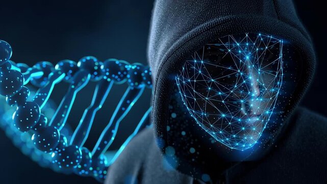 Futuristic Digital Identity System Exploring DNA Database Technology with Glowing Structures and Seamless Integration of Biology and Cyber Connections