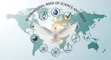 International week of science and peace dove and world map collage isolated on white background