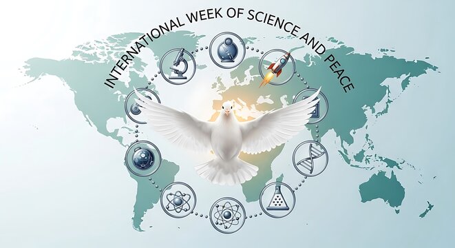 International week of science and peace dove and world map collage isolated on white background