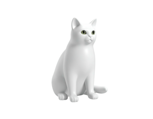 3D render of a white cat sitting upright, green eyes, black background