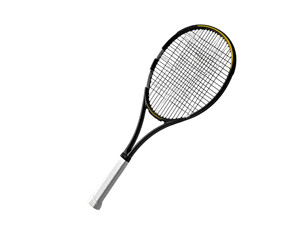 Black and white tennis racket, strung, with silver handle, against black background