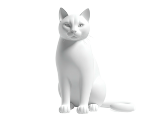 Rendered white cat with pale blue eyes, sitting erect on a black background