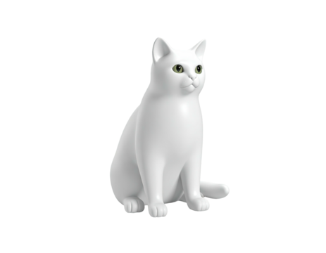 3D render of a white cat sitting upright, green eyes, black background
