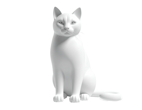 Rendered white cat with pale blue eyes, sitting erect on a black background