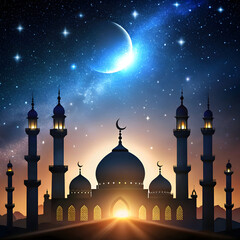 mosque silhouette with minarets against starry nig