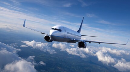 Majestic Aircraft Soaring Through Clear Blue Skies Above Lush Green Landscapes Below Evoking a Sense of Freedom Adventure and Exploration in Flight