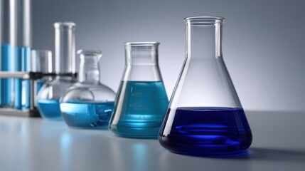 A Captivating Arrangement of Blue and White Flasks Displaying Unique Shapes and Textures in a Minimalistic and Stylish Laboratory Setting