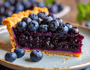 A close-up of a slice of a blueberry pie