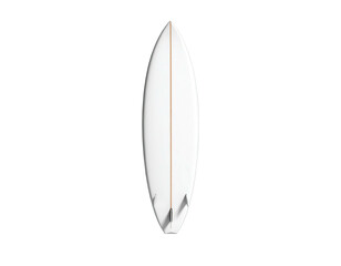 A white surfboard, vertically oriented, with fins, on a black background