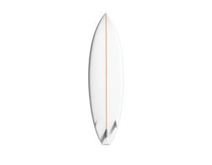 A white surfboard, vertically oriented, with fins, on a black background