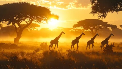Giraffes silhouette walking in savanna landscape at sunrise - Powered by Adobe