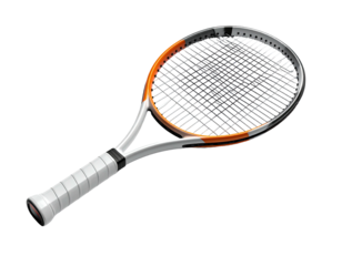 A tennis racket with white grip, orange accents, on a black background