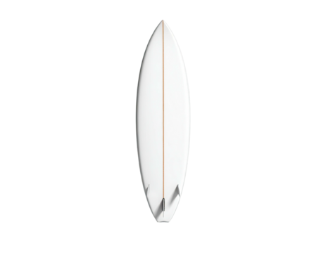 A white surfboard, vertically oriented, with fins, on a black background